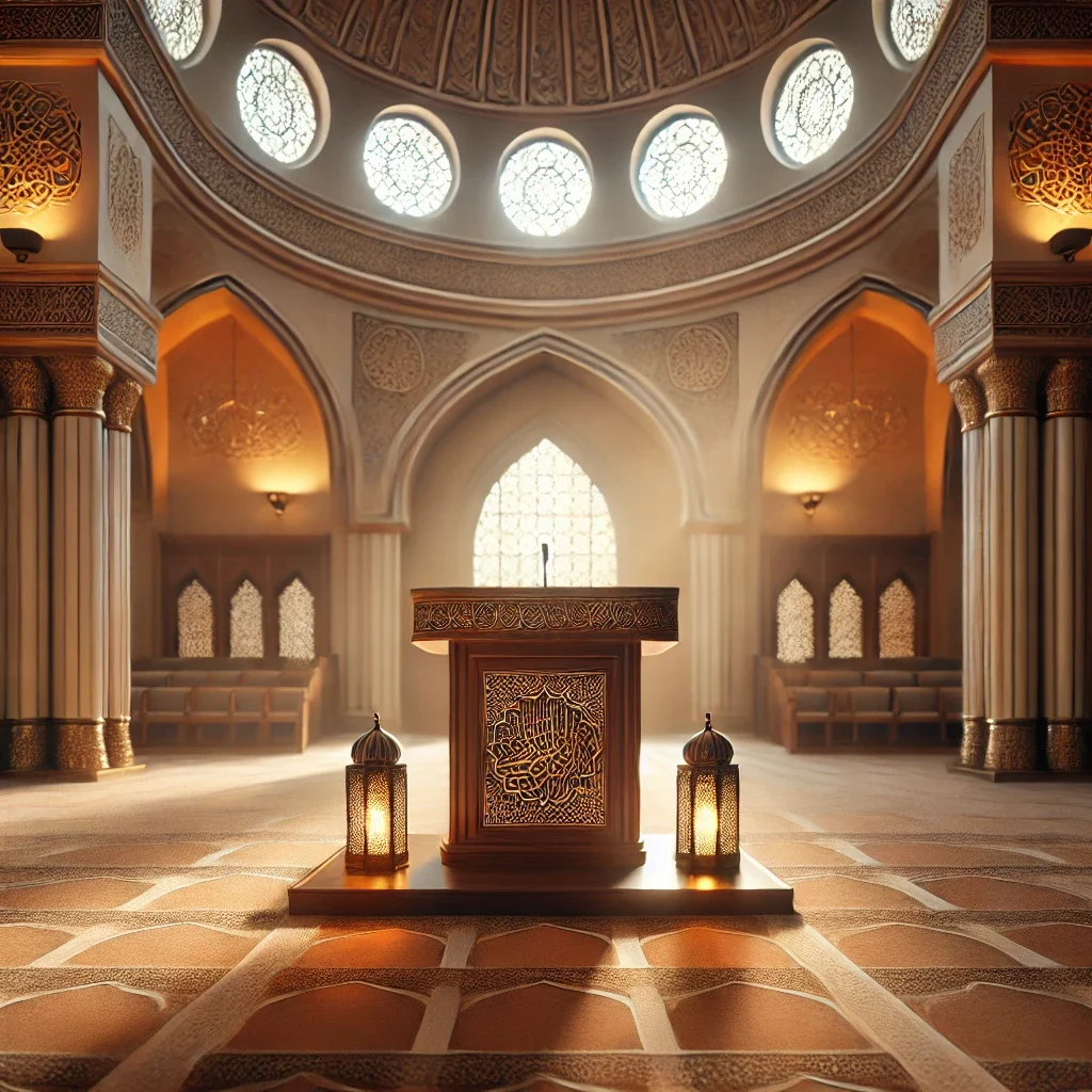 A serene and beautifully designed mosque interior with a warm, inviting atmosphere. the focus is on the pulpit (minbar) where sermons are delivered, w