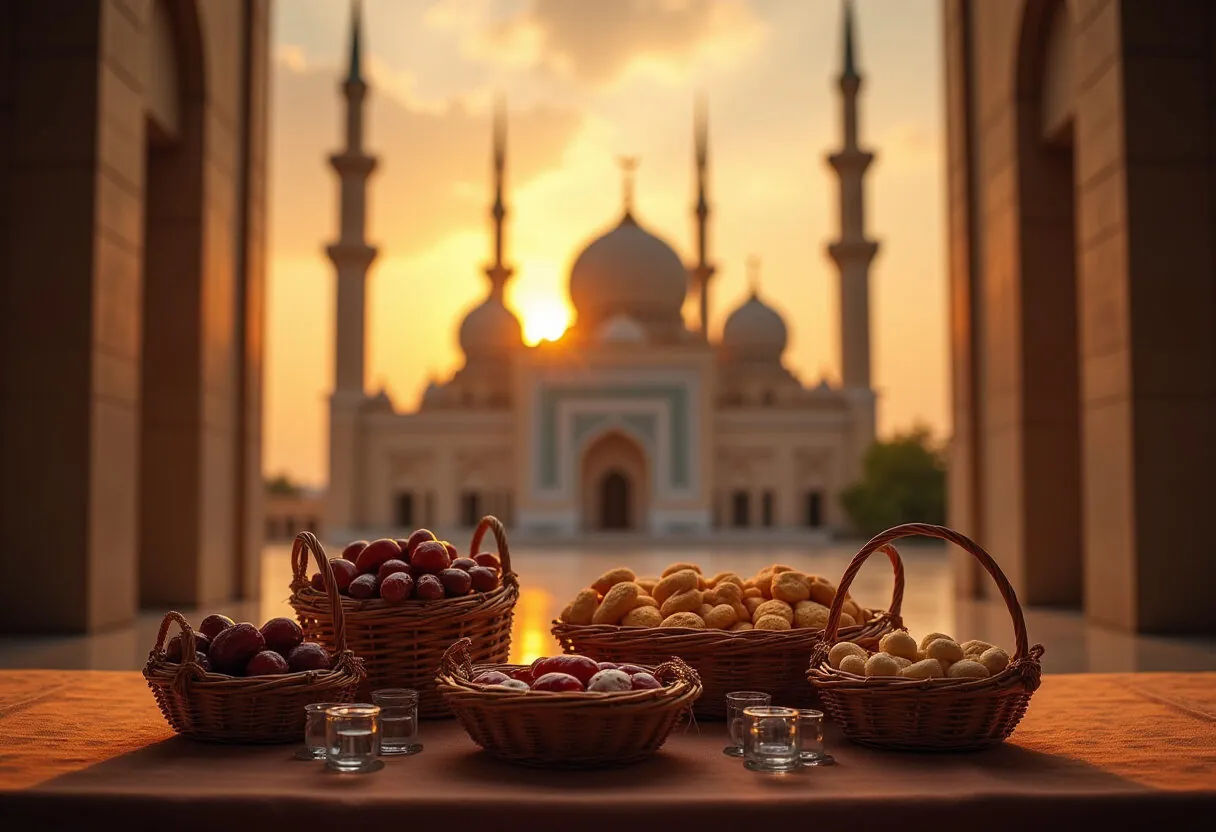 A neatly arranged table with baskets of food