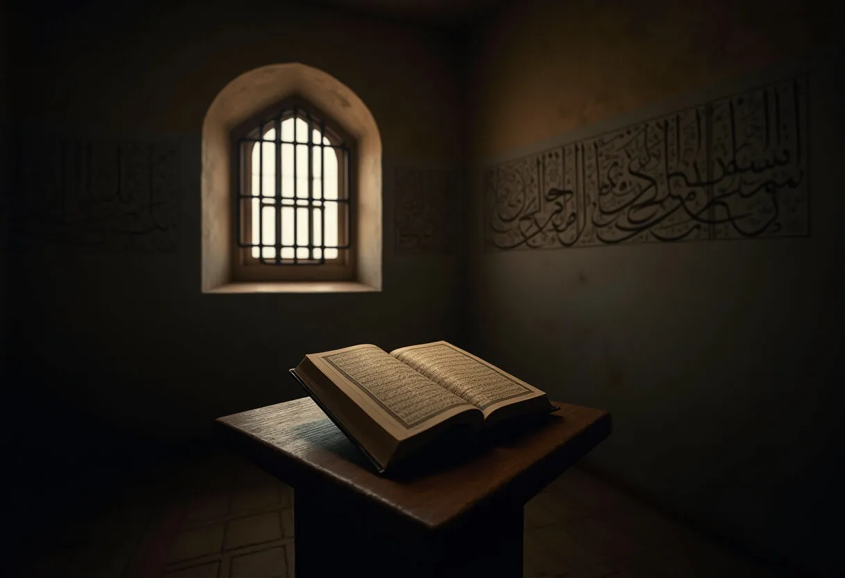 A simple prison cell with an open quran placed on __77324